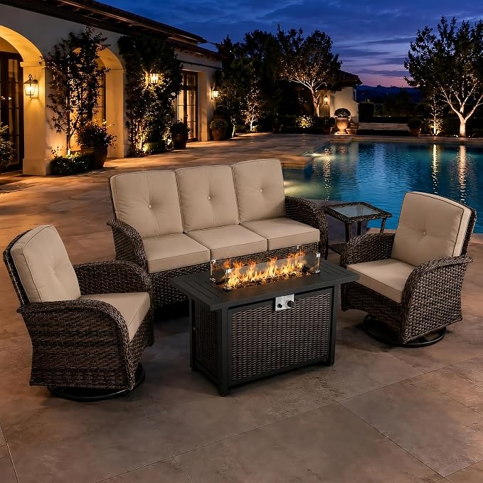 HUMMUH 5-Piece Patio Furniture Set, Fire Pit and Swivel Rocker Chairs | 50000 btu auto-ignition fire pit, 360 degree swivel gliding mechanism, 4 inch thick sponge cushions