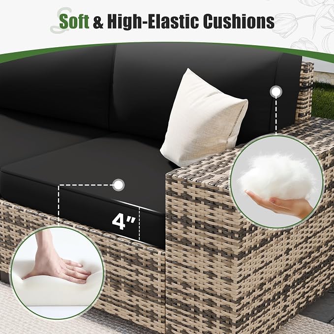 Amopatio 5 Piece Patio Furniture Set with 8" Armrest & 44" Fire Pit Table, Outdoor Wicker Rattan Sectional Sofa Conversation Set for Backyard, Garden, Poolside(Black Cushion)
