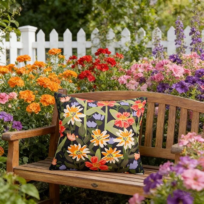 Pyonic Outdoor Pillows Cover Pack of 2 Spring Floral Waterproof Throw Pillow Covers 20X20 inch Outdoor Pillows for Patio Furniture Garden Square Outside Waterproof Pillow ，Black