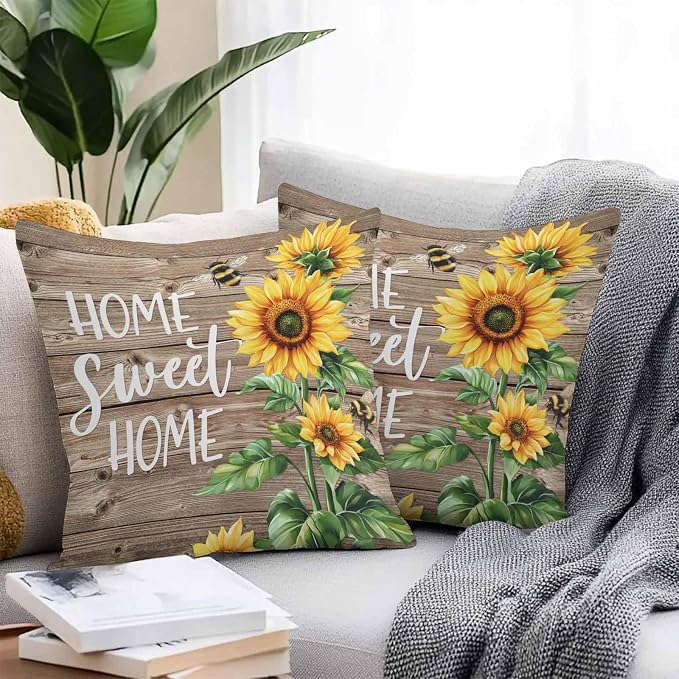 Throw Pillow Covers 24x24 Inch Set of 2, Sunflower Brown Waterproof Outdoor Pillow Covers, Farmhouse Bee Country Wooden Grain Decorative Cushion Pillowcases for Couch, Sofa, Bed, Garden, Patio