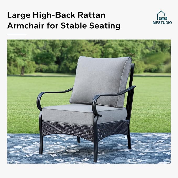 MFSTUDIO 4 Pieces Outdoor Patio Furniture Set, Metal Outdoor Conversation Set, Rattan Wicker Patio Sectional Sofa Set with 2 x Fixed Single Sofa, 3-Seat Sofa, 1 x Coffee Table, Grey