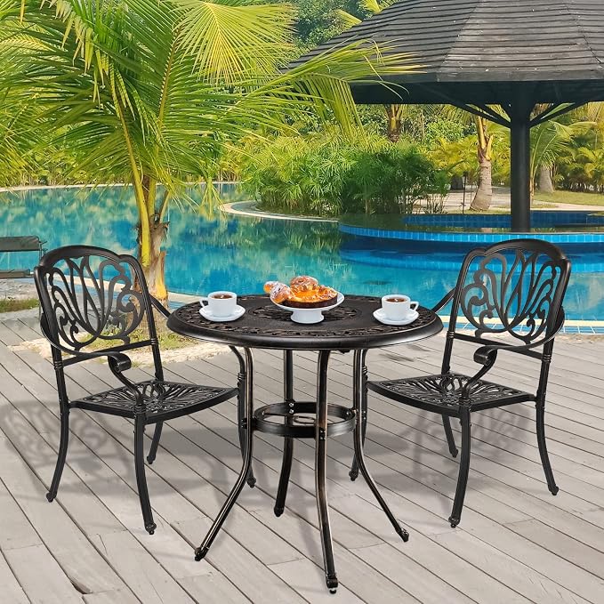 VINGLI 3 Pieces Outdoor Patio Table and Chairs Set with Umbrella Hole, Cast Aluminum Outdoor Dining Set with 2 Chairs and One Table for Yard, Garden, Porch and Poolside, Bronze