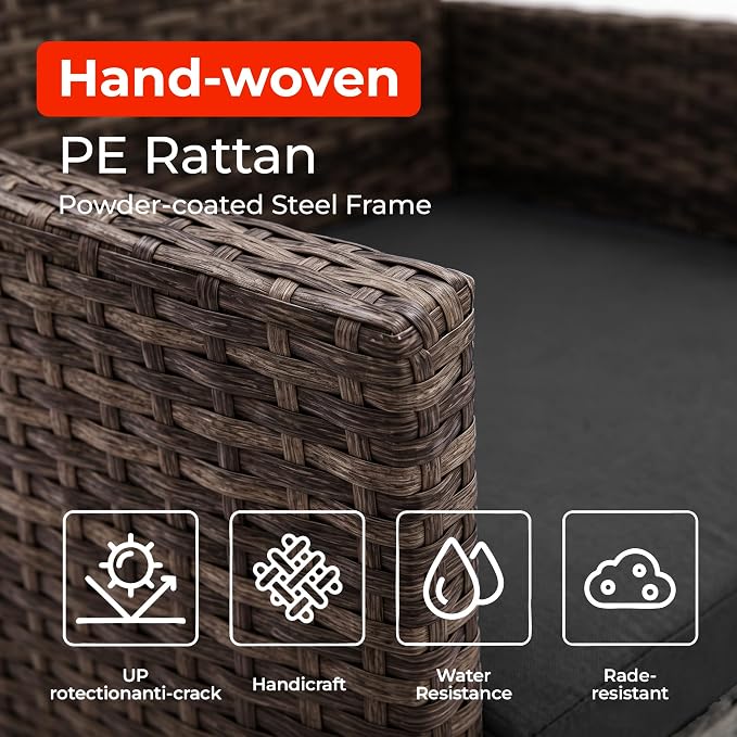 4 Pieces Outdoor Patio Furniture Set, Wicker Patio Conversation Set with Tea Table, All-Weather Outside Rattan Sectional Sofa for Backyard, Poolside, Garden, Balcony, Brown/Gray