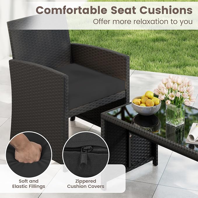 HAPPYGRILL 4 Piece Rattan Wicker Patio Conversation Set, Outdoor Furniture with Chair Loveseat Table & Cushion, for Backyard Porch Balcony (2, Black & Black)