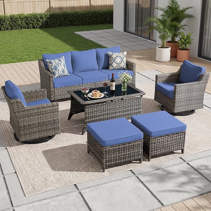 Luxury Patio Furniture sofa Set - 6 Pieces All Weather Wicker Outdoor Couch and High Back Swivel Rocker Patio Chairs with Glass coffee table for Deck Yard and Poolside Gray Wicker | Blue Cushions