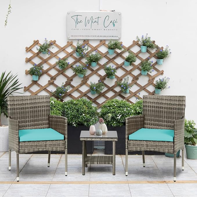 PayLessHere Set of 3 Outdoor Furniture Set Patio Furniture Set Gray Conversation Set with 2 Rattan Chairs Glass Coffee Table for Coffee Bar Poolside Patio Outdoor, Blue Cushions