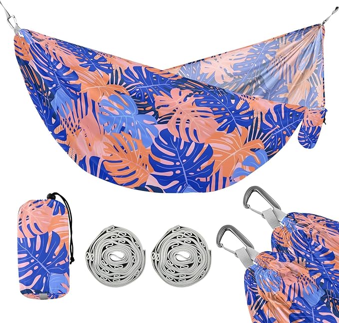 Camping Hammock Outdoor Hammocks for Outside Blue Pink Tropical Leaf Beach Trees Portable Lightweight with Pockets Tree Straps Indoor