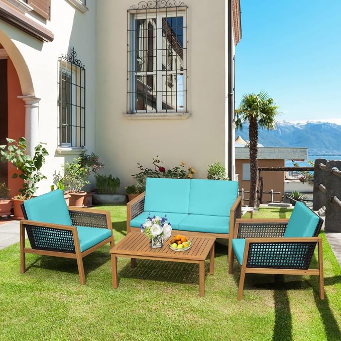 4 Pieces Outdoor Acacia Wood Furniture Set, Outdoor PE Wicker Conversation Set with Coffee Table and Soft Cushions, Outdoor Sofa Set for Garden, Poolside and Backyard (1, Turquoise)