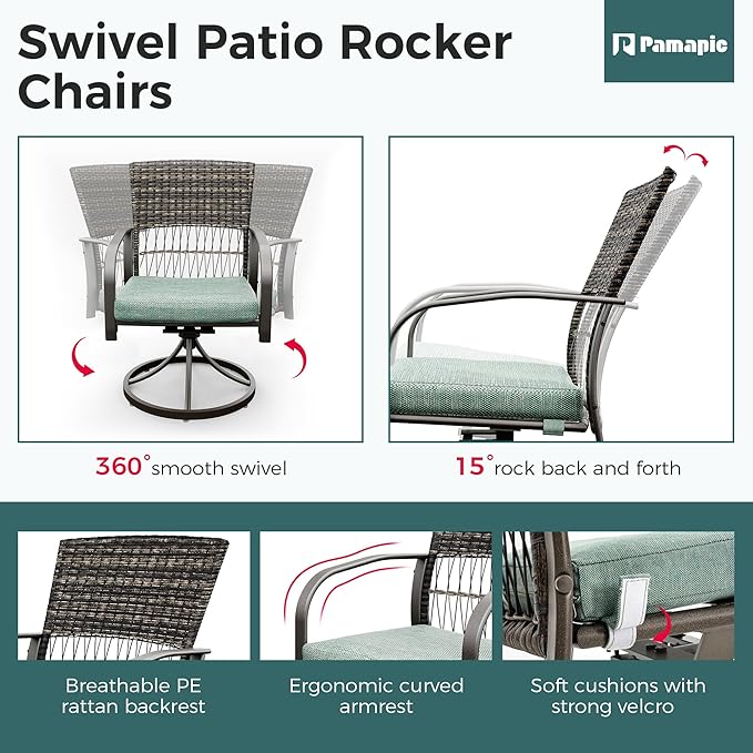 Pamapic 5-Piece Outdoor Dining Set with Swivel Chairs, Rattan Patio Furniture for Backyard, Deck, Garden, Weather-Resistant Iron Slats Table & 4 Chairs with Removable Cushions (Green)