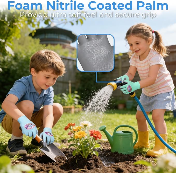 HANDLANDY 3 Pairs Kids Gardening Gloves, Grippy Kids Work Gloves, L | Foam Nitrile Coated Children Toddler Garden Yard Work Cycling Outdoor Playing Gloves for Girls Boys