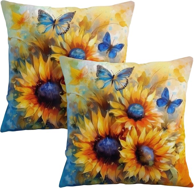 Oil Painting Sunflower Pillow Covers Sun Flower with Butterfly Throw Pillow Covers 20x20 Set of 2 Vintage Pillowcase Double Sided Printing Cushion Case for Home Decor Outdoor Sofa
