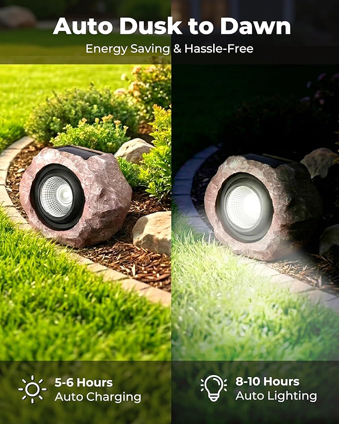 4 Pack Solar Rock Lights Outdoor, Angle Adjustable Solar Lights Outdoor Waterproof, LED Solar Garden Lights, Auto On/Off Landscape Lighting for Yard Pathway Patio Flower Bed - White Glow (Stone Brown)