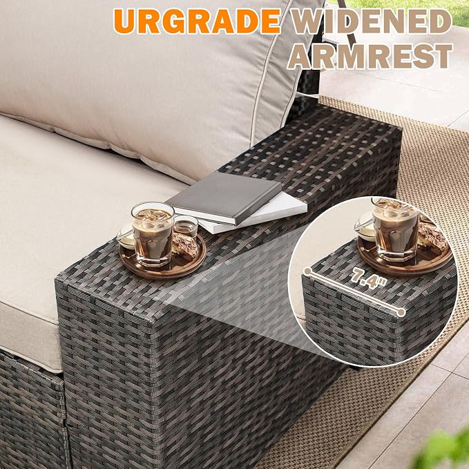 8 Pieces Patio Furniture Set,Wicker PE Rattan Outdoor Sectional with Cushion & Coffee Table, Patio Conversation Sofa for Garden, Backyard, Poolside, Beige