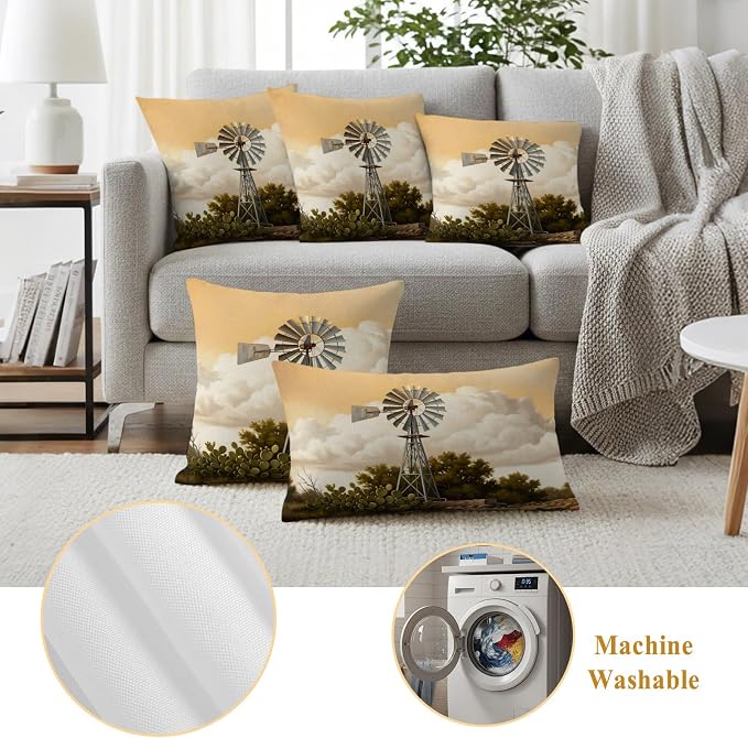 Windmill Outdoor Pillow Covers 26"x26" Set of 2, Windmill Farmhouse Sunset Field Trees Rustic Waterproof Throw Pillow Covers for Patio Furniture, Decorative Cushion Covers for Porch