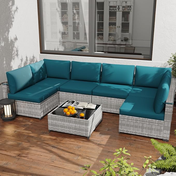 KIGOTY Patio Furniture Set,7 Pieces Modular Outdoor Sectional Sofa, PE Rattan Patio Conversation Set, All Weather Wicker Patio Furniture with Cushions and Coffee Table（Grey White/Peacock Blue）