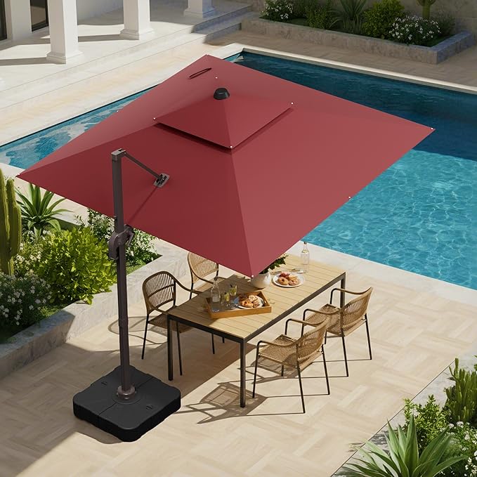 10x10 FT Patio Umbrella with Base, Large Cantilever Double Top Heavy Duty Offset Umbrellas with 360° Rotation, Outdoor shade for Garden Deck Pool, Red