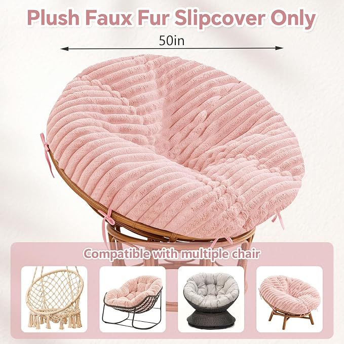 Fluffy Shaggy Cover for Papasan Cushion Cover, 50 Inch, Machine Washable | Super‑Soft Faux Fur Papasan Chair Cushion Cover, 8 Ties Keep Cover Secure, Long‑Zipper for Easy Removal, Pink (Only Cover)
