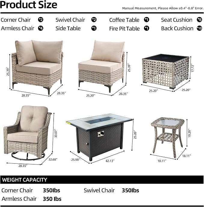 CAODOC 11 Pieces Outdoor Patio Furniture Set, Rattan Wicker Sectional Swivel Rocker Chairs Sets with Fire Pit, Swivel Glider Chairs, and Solar Powered Table