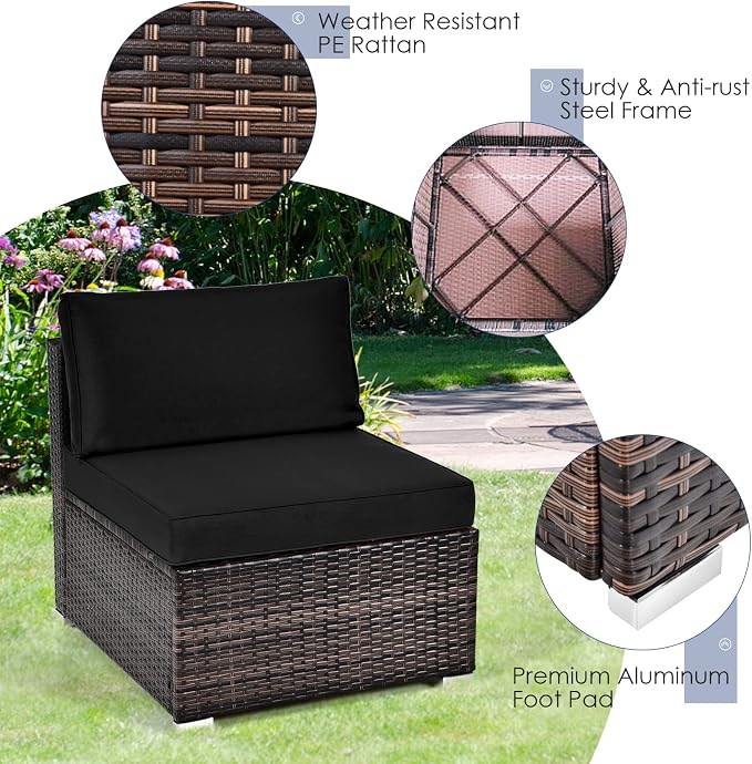 DORTALA 6 Pieces Patio Furniture Set, Outdoor Wicker Conversation Set with Glass Coffee Table, Wicker Sofa Set with Back & Seat Cushions, Rattan Sectional Conversation Couch Set, Black