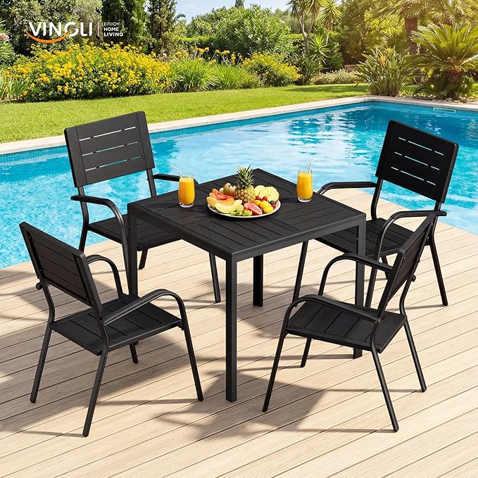 VINGLI Outdoor Patio Dining Chairs, Stackable HDPE All-Weather Arm Chairs, Weatherproof Outdoor Seating for Garden, Backyard, Poolside, Balcony,Black (4 Pack)
