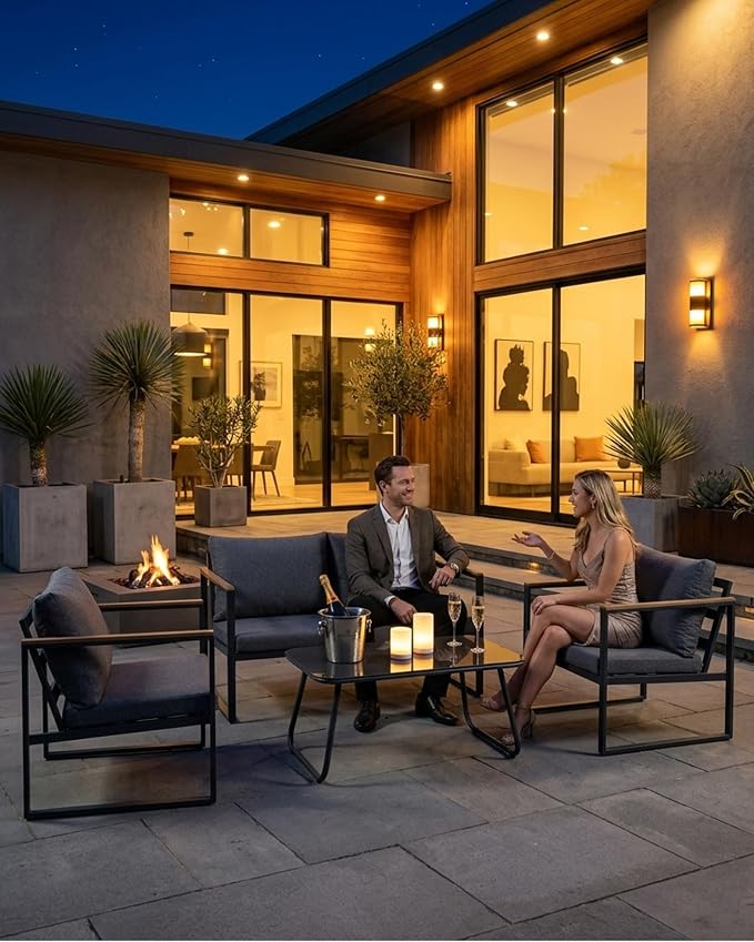 4 Piece Patio Furniture Set,Metal Outdoor Furniture Couch with Clear Tempered Glass Coffee Table,All Weather Patio Conversation Sets with Loveseat & Grey Washable Cushions for Balcony,Porch
