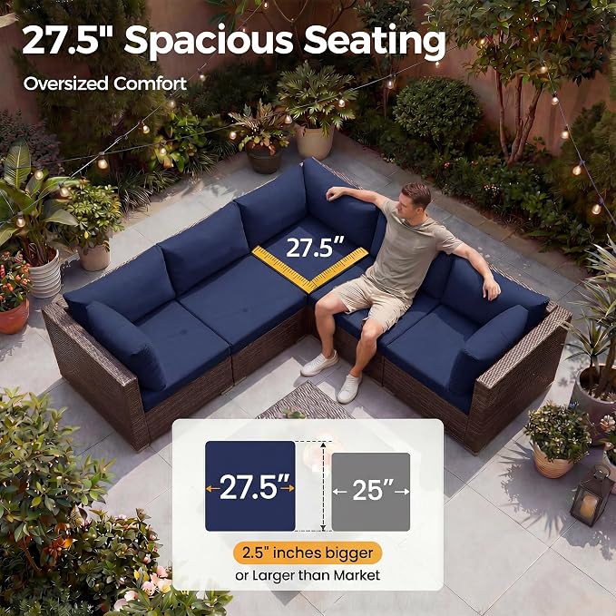 NICESOUL 8 Person Modern Deck Furniture Set, 29.3'' High Back Comfy Outdoor Sectional Sofa Set, Extra Large Wicker Patio Conversation Seating Sets for Terrace, Brown Rattan and Navy Blue Cushion