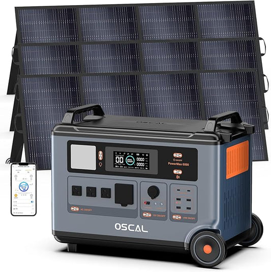 Powermax 6000W(9000W Peak) Portable Solar Power Station, 3600Wh LiFePO4 Battery with 3x400W Solar Panels, 1.6H Fast 2400W Solar Charging Generator for Camping, RV, Home Backup, Emergency