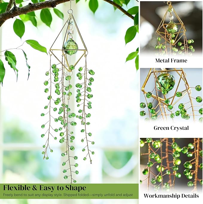Crystal Suncatcher Glass Wind Chimes Sun Catchers Rainbow Plant Suncatcher | Crystal Beaded Plant Suncatcher for Window Hanging Home Garden Decor (15.4inch,Green)