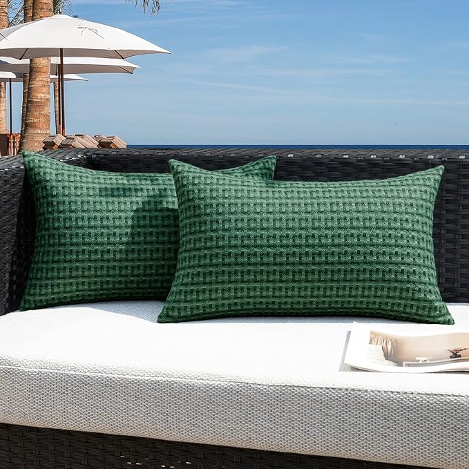Kevin Textile Outdoor Waterproof 12"x20" Pillow Covers 2 Pack, Dark Green | Water Resistant Weaving Faux Linen Texture Throw Pillow Covers, Outside Decorative Pillowcases for Garden Patio Balcony Couch