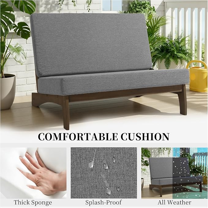 Outdoor Furniture Patio Couch, Weather Resistant Patio Loveseat Sofa Couch with Removable Cushion, Teak Wood Frame for Porch & Backyard Seating - Grey