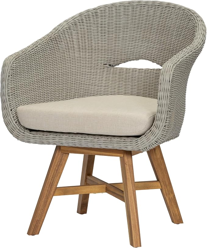 Christopher Knight Home Ambes 7 Piece Acacia Wood Outdoor Dining Set for 6, Patio Dining Table and Chair Set with Curved Rattan Backrest & Cushions, Outdoor Dining Table Set, Beige+Grey Ash+Brown