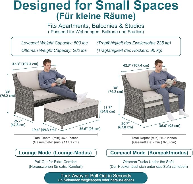 OC Orange-Casual 2-Piece Outdoor Patio Furniture Wicker Love-seat and Coffee Table Set, with Built-in Storage Bin, Grey Rattan, Beige Cushions