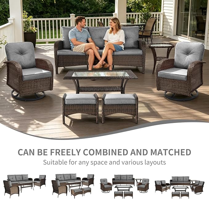 Outdoor Swivel Rocker Patio Chairs (Brown Wicker/Grey Cushion, 7PC/Sofa & Swivel &2 Table & Ottomans)