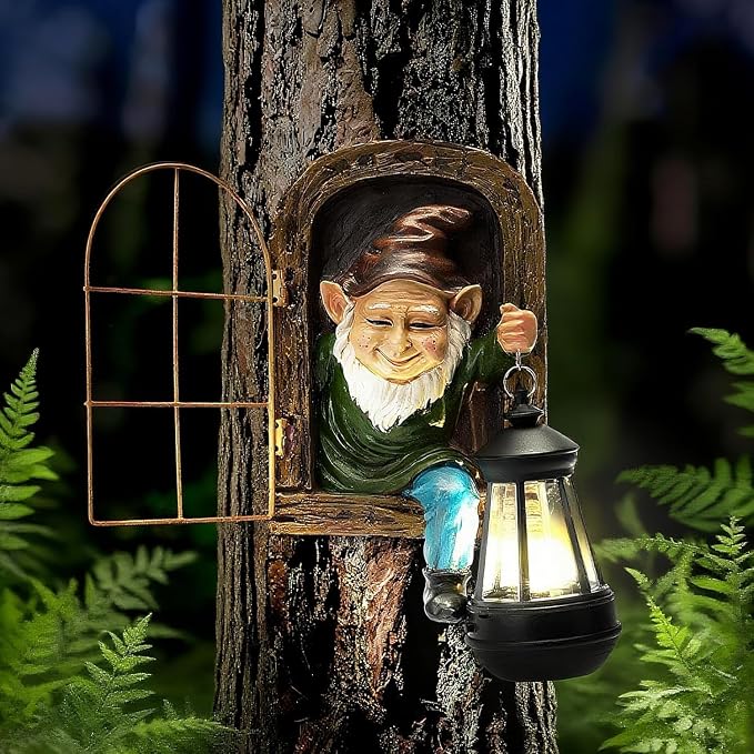 Garden Gnome Decor Outdoor Statue - Gnome With Solar Waterproof Lantern, Whimsical Elf Out The Door Tree Hugger Garden Statues, Home, Fence, Patio, Resin Ornament, Gardening Gift Tree Faces Gnomes