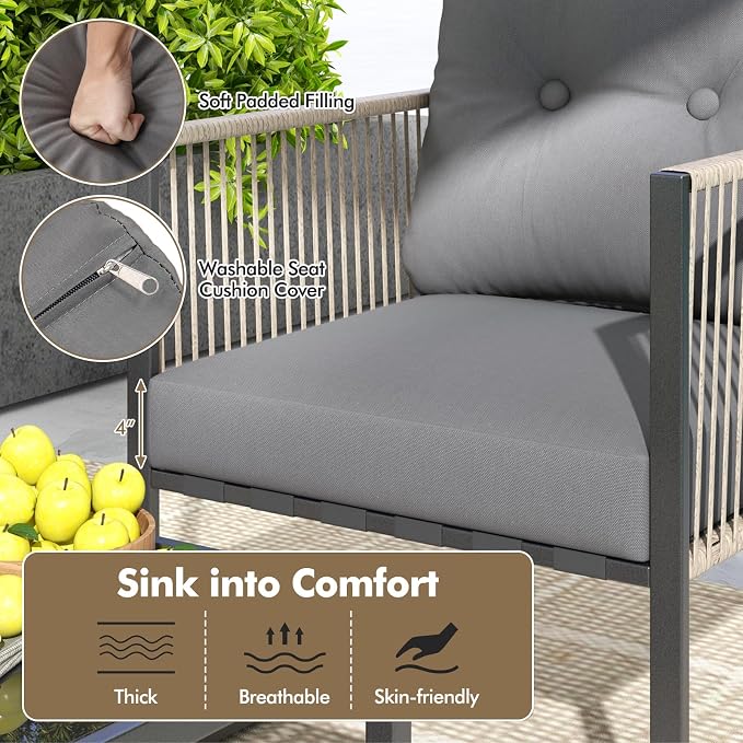 Tangkula 8 Pieces Patio Furniture Set, Outdoor PE Rattan Conversation Sofa Set with Thick Cushions and 2-Tier Tempered Glass Coffee Table for Garden, Porch, Balcony and Backyard