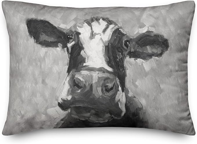 Gray Painted Cow Indoor/Outdoor Pillow | Decorative Pillows for Living Room Couch Bed Sofa Patio, Fluffy Soft Cushion | Water Resistant Multi, 14x20