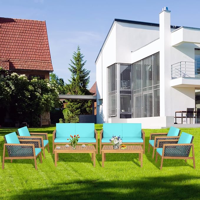 8 Pieces Outdoor Acacia Wood Furniture Set, Outdoor PE Wicker Conversation Set with Coffee Table and Soft Cushions, Outdoor Sofa Set for Garden, Poolside and Backyard