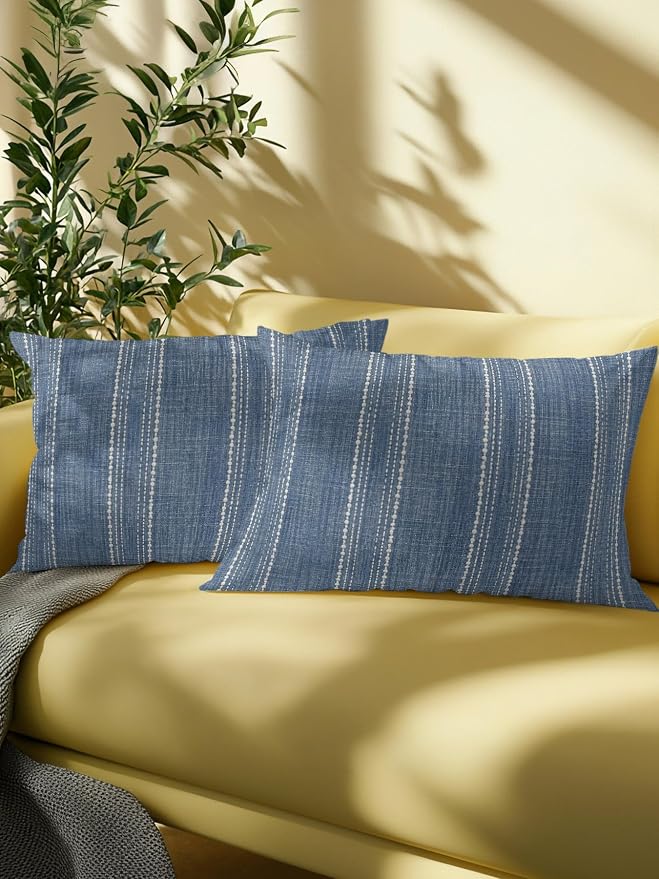 Waterproof Outdoor Pillow 1 Pack Denim Blue Linen Stripes Decorative Throw Pillows Cover & Insert 20x12 Inch Lumbar Pillowcase Parallel Vertical Lines Pillows for Couch Sofa Bed Patio Furniture