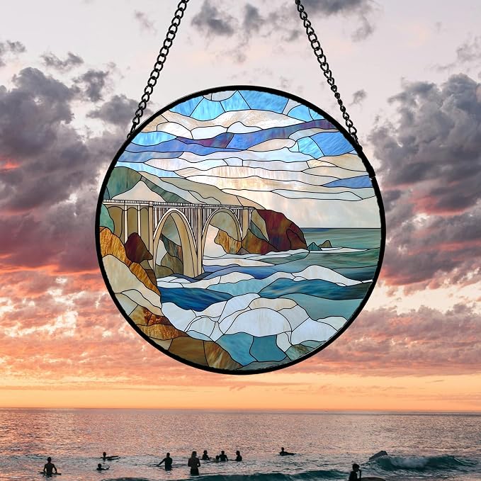 DASTOLL Stained Glass Window Hanging 4 Pcs Set Ocean Waves 7.8" - Blue and White Sea Suncatcher Door Garden Sun Catcher Decor Birthday Christmas for Mom Woman Nana Men