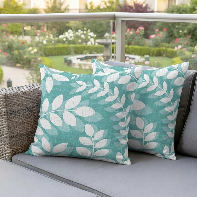 Teal Green Leaves Outdoor Waterproof Throw Pillow Covers 20x20 Set of 2, Farmhouse Botanical Branch Vintage Boho Leaf Decorative Pillowcases Cushion Pillowcase for Couch Sofa Patio Pillow Protector