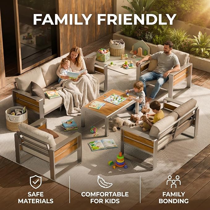 ZANDOR Aluminum Outdoor Patio Furniture-3-Seat with Table,Sliver | Rustproof,High weight capacity,Water-repellent,Washable Cover,All-Weather Resistant,Easy clean,for Poolside Backyard Deck