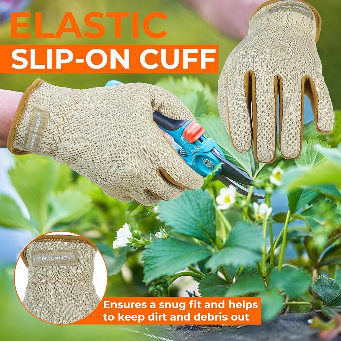 HANDLANDY Gardening Gloves for Women, Leather Garden Glove, Gardener Gift | Breathable Floral Ladies Leather Garden Yard Gloves, for Trimming, Weeding, Digging, Planting, Pruning