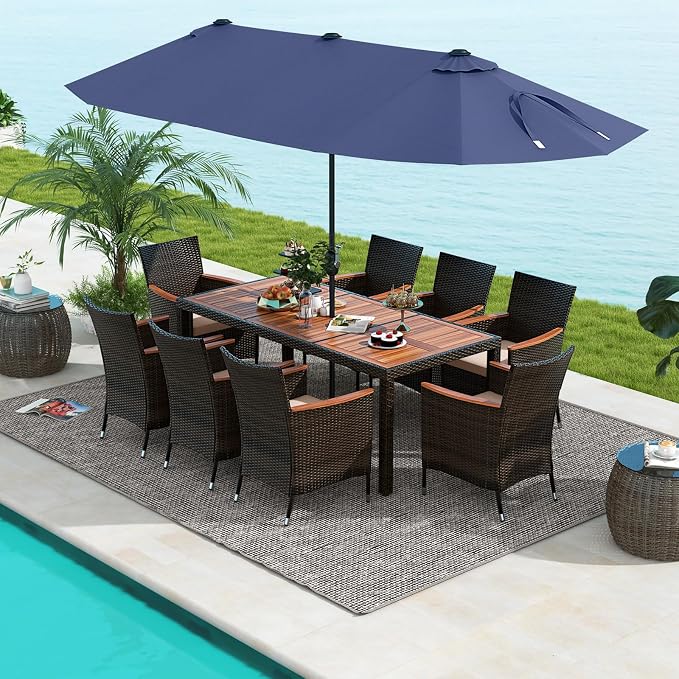 Tangkula 11 Pieces Patio Dining Set with 15ft Double-Sided LED Patio Umbrella (Base Included), Outdoor Rattan Furniture Set with 8 Stackable Chairs, Acacia Wood Dining Table and Umbrella (Navy)