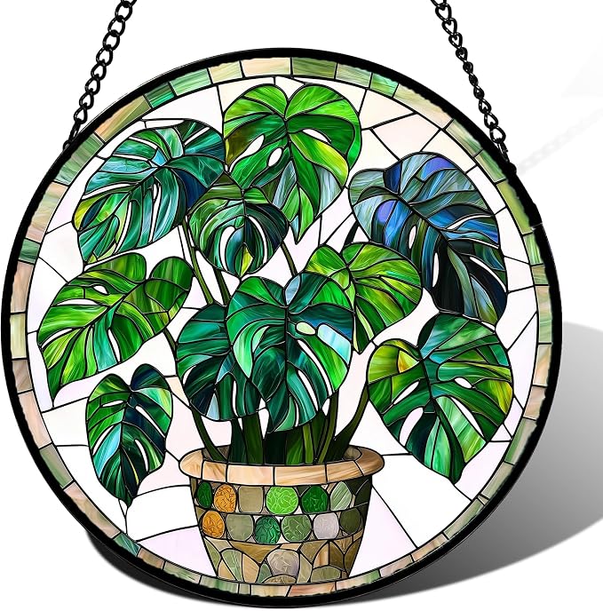 DASTOLL Stained Glass Window Hanging, Green Plant Monstera t Suncatcher Diamond Colorful Glass Panel Sun Catchers Decor for Birthday for Women, Men, Wife, Aunt, and Mom 14.9x14.9 in