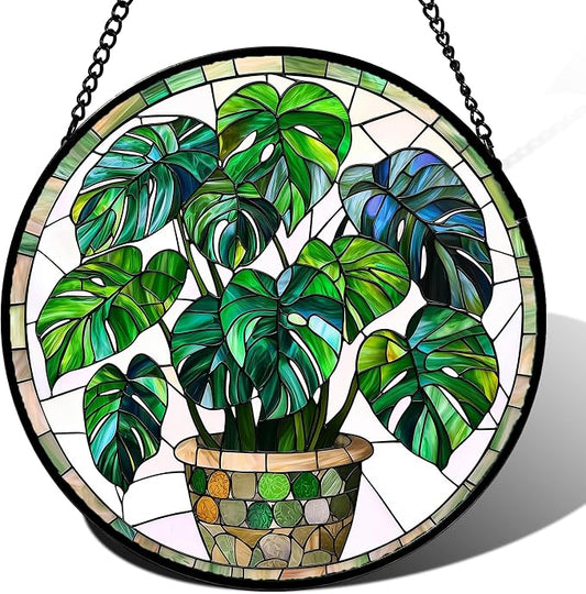 DASTOLL Stained Glass Window Hanging, Green Plant Monstera t Suncatcher Diamond Colorful Glass Panel Sun Catchers Decor for Birthday for Women, Men, Wife, Aunt, and Mom 14.9x14.9 in