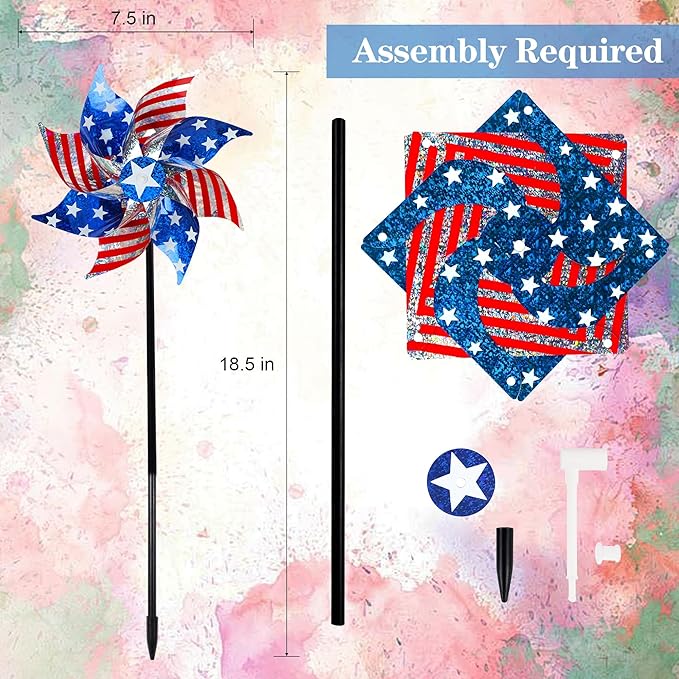 Hausse 10 Pack Reflective Pinwheels Patriotic Decorations (Assembly Required), American Flag Wind Spinner with Stake for Independence Day, Memorial Day July of 4th, Scare Birds Repellent Devices