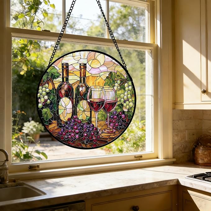DASTOLL Stained Glass Window Hanging, Grapes and Wine Suncatcher Diamond Glass Panel Hangings Sun Catchers Decor for Birthday for Women, Men, Wife, Aunt, and Mom 14.9x14.9 in