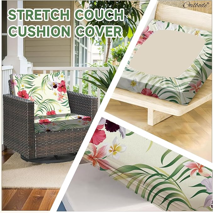 CALBODE 14 Pcs Stretch Outdoor Seat Cushion Covers, Washable Chair Seat Cover for Patio Furniture Cushions Soft Indoor and Outdoor Couch Cover Replacement (Tropical Floral, Beige,Cover Only)