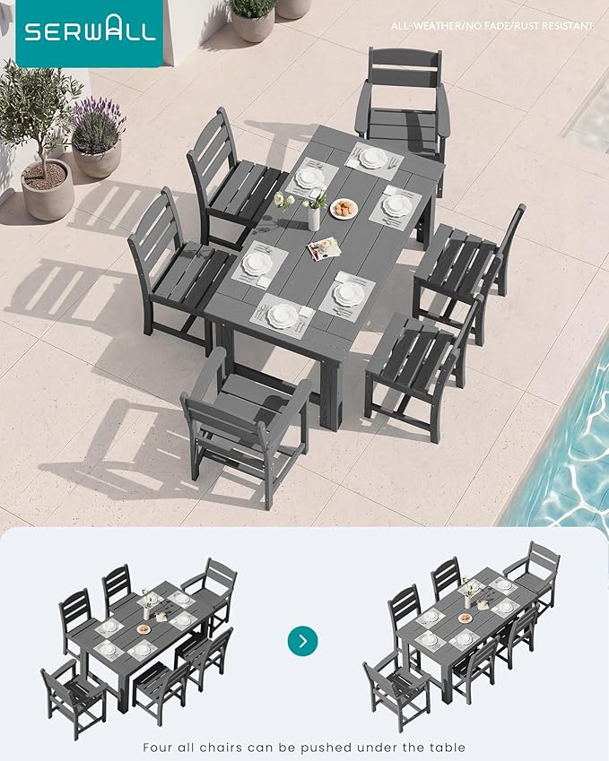 SERWALL HDPE Outdoor Dining Table and Chairs Set for 6 | with Armless Chair Seat