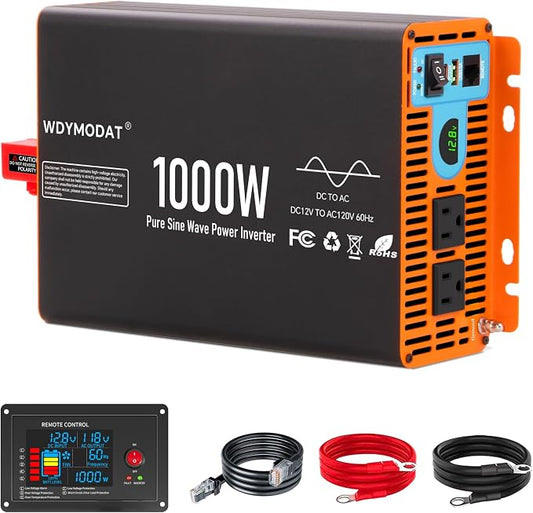 1000W Pure Sine Wave Inverter,12V DC to 120V AC Car Power Inverter 2000W Peak with 2AC Outlets, 3.0A USB and Type-C, LCD Display 16.5 ft Remote Control for RV Truck Travel Solar Emergency
